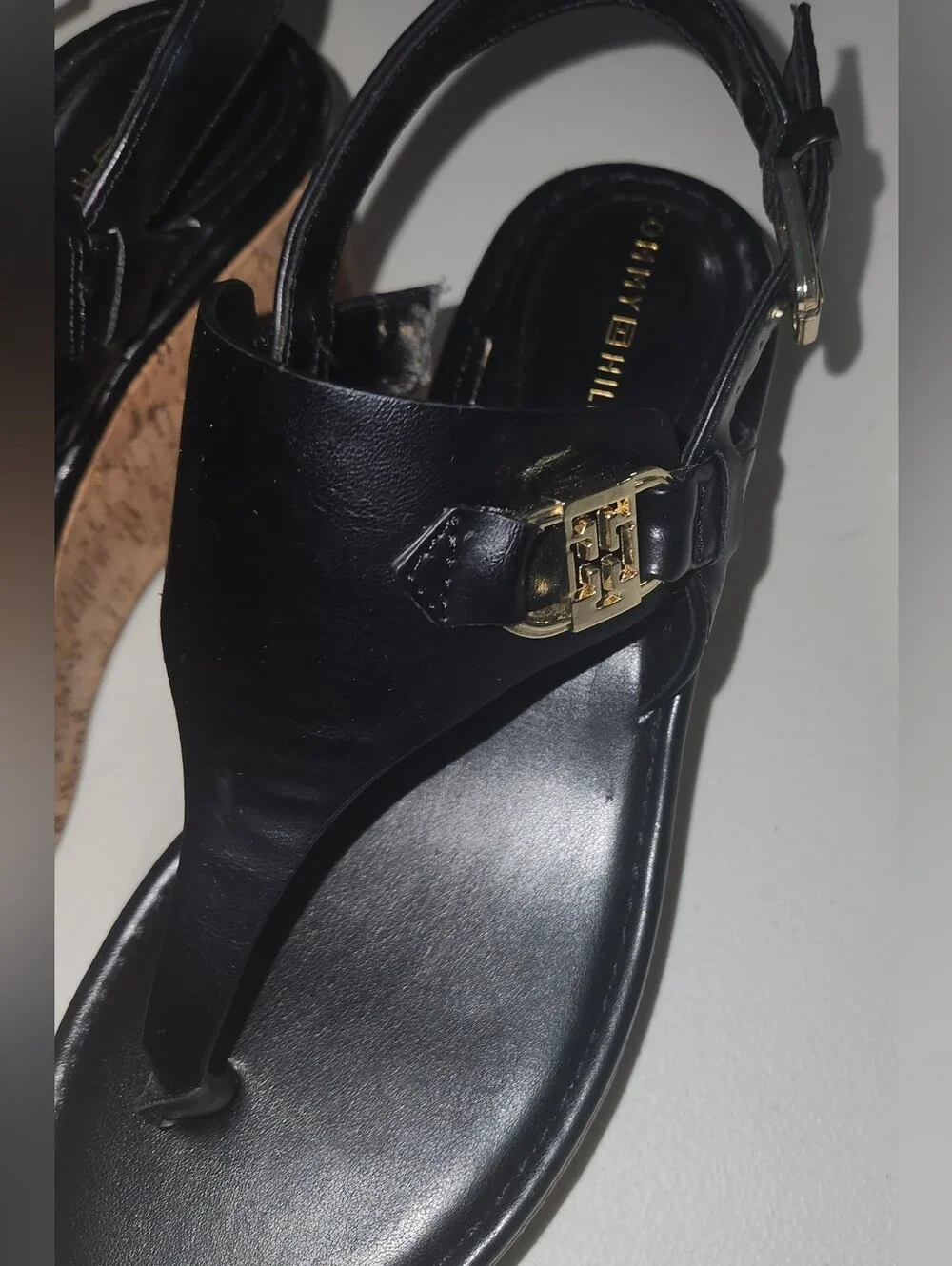 Tommy Hilfiger Black Cork Wedge Thong Sandals - Size 6.5